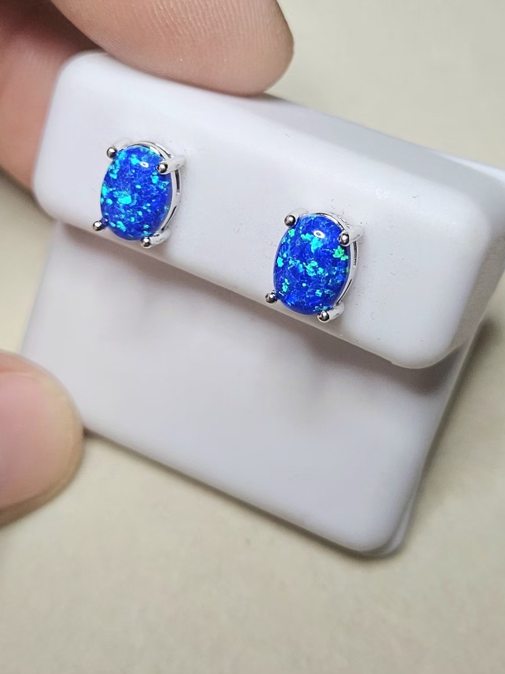 NWT Sterling Silver Bright Blue Fire Opal Oval Stud Earrings 925